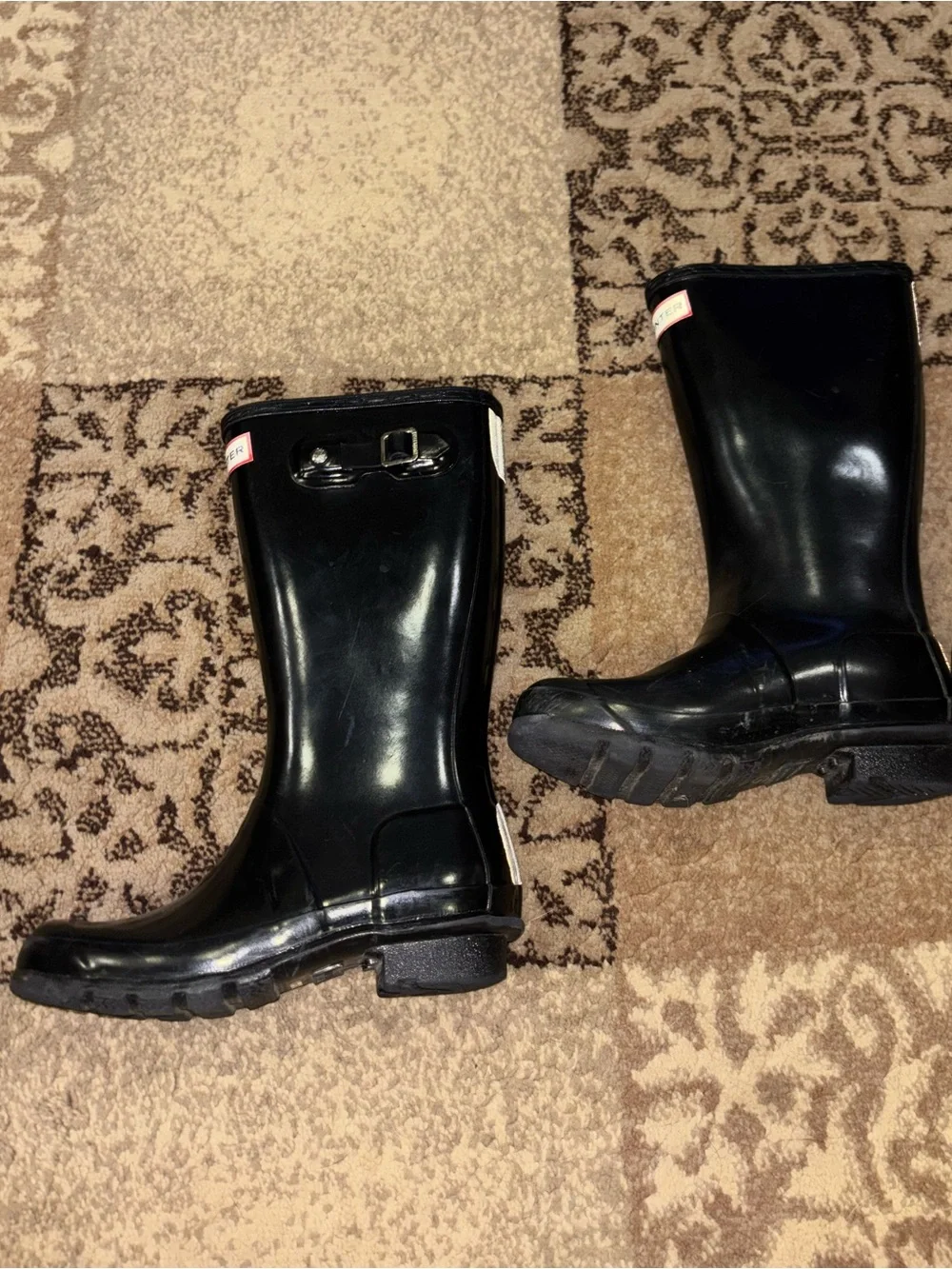 Girls Hunter Black Tall Gloss Rain Boots with Red Logo